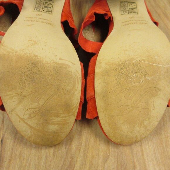 FREE PEOPLE Rosie Ruffle Heels Sz 38 Red Orange Slip On Slide Sandals Block Heel - Picture 10 of 12